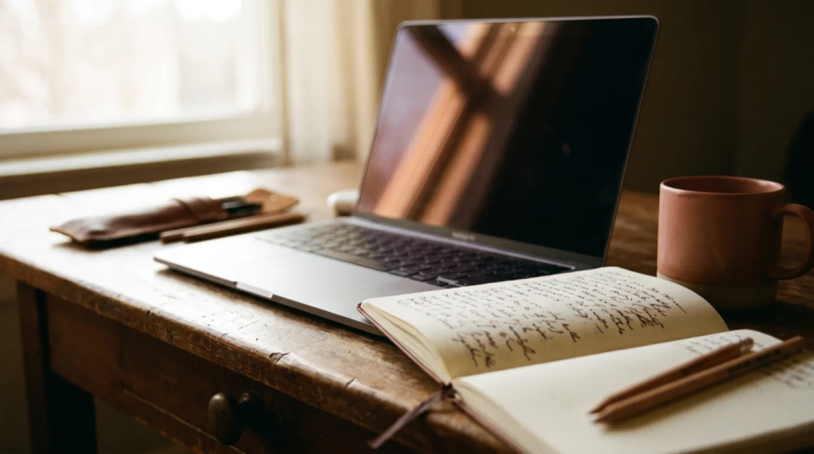 Un ordinateur portable et un carnet ouvert sur un bureau en bois, lumière de fenêtre