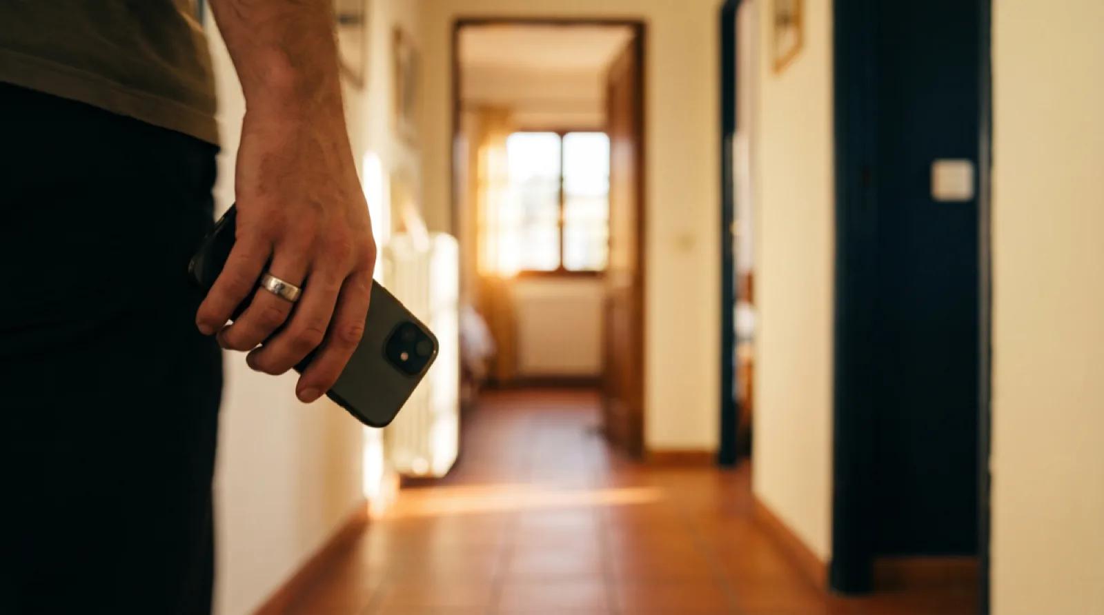 Une main tenant un téléphone au bout du bras, dans le couloir d'un logement
